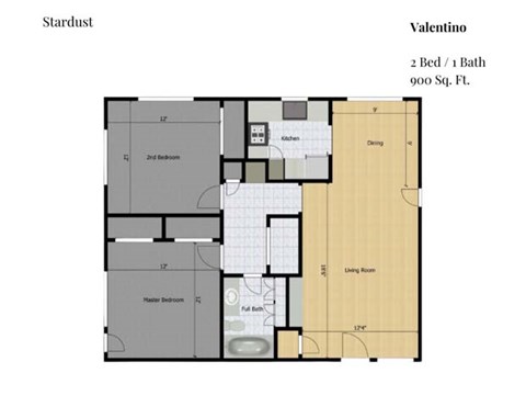 Floor plan for 1 bed, 1.5 baths, 900 sqft